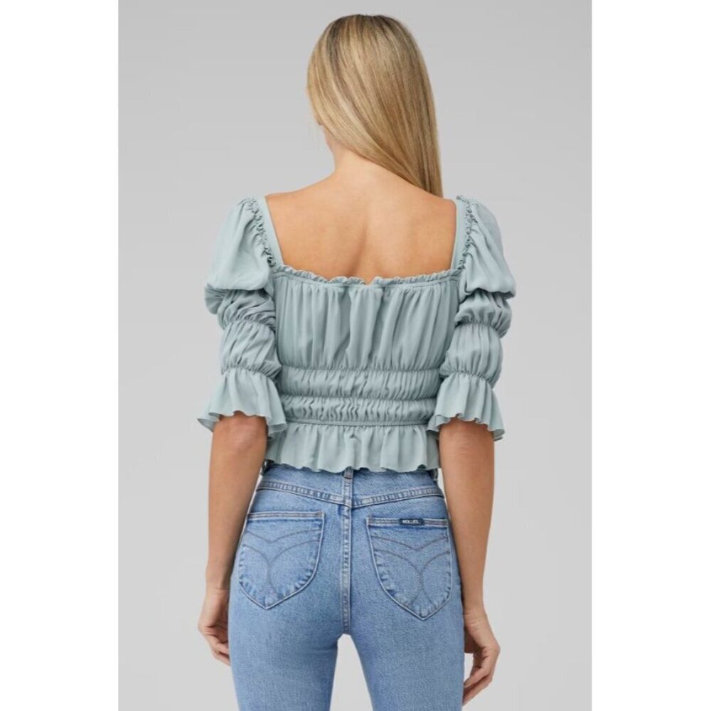 Smocked Puff Sleeve Crop Top With Square Neck Light Blue XS By Lani The Label - Picture 2 of 5